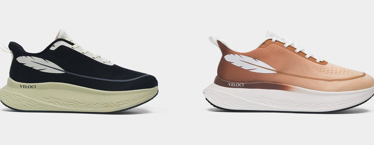 Side profiles of the Veloci Ascent in black and the Veloci Mesa in mocha, both 10mm heel drop running shoes with a rocker midsole
