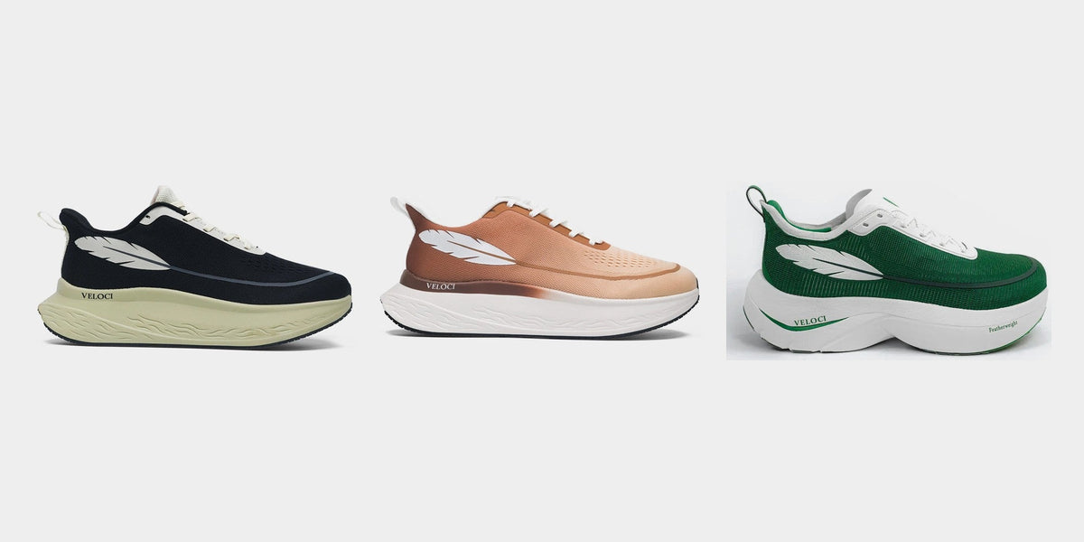 Veloci Ascent in black, Mesa in mocha and Featherweight in green, side profiles