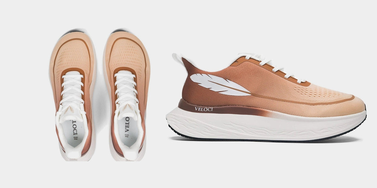 Veloci Mesa stability running shoe in mocha, top down pair showing the naturally shaped toe box and side profile showing the 10mm drop