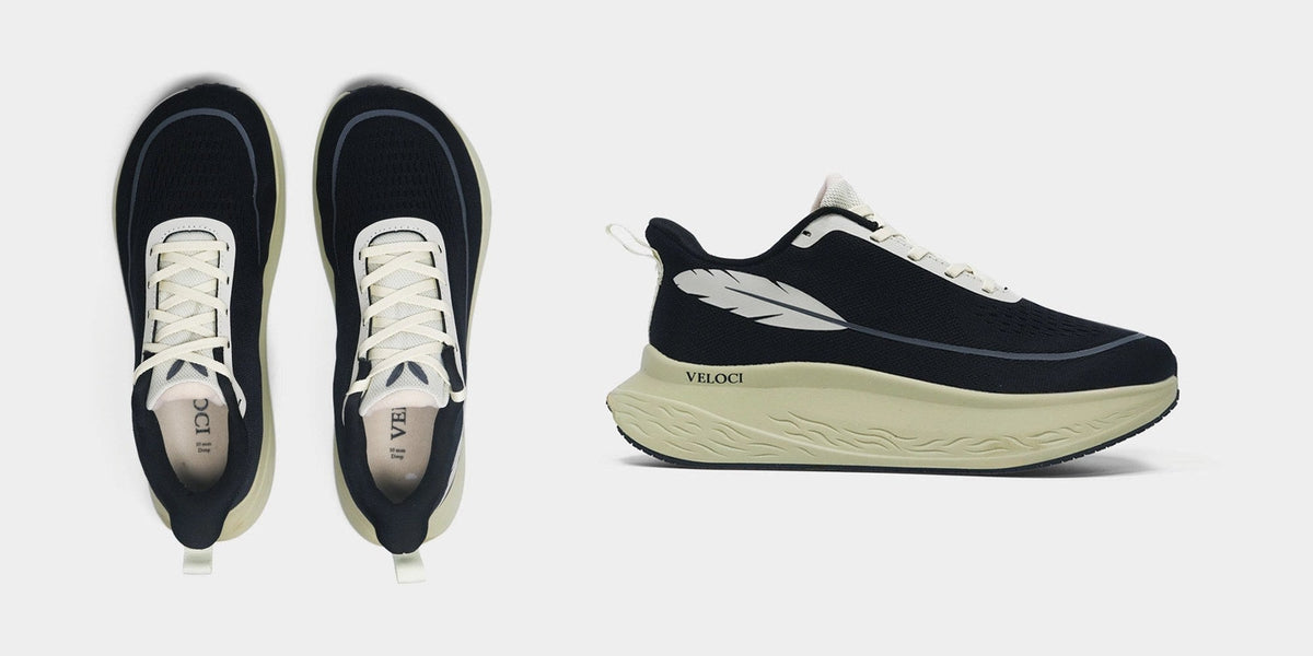 Veloci Ascent in black from above and in side profile, showing the naturally shaped toe box and the rocker midsole