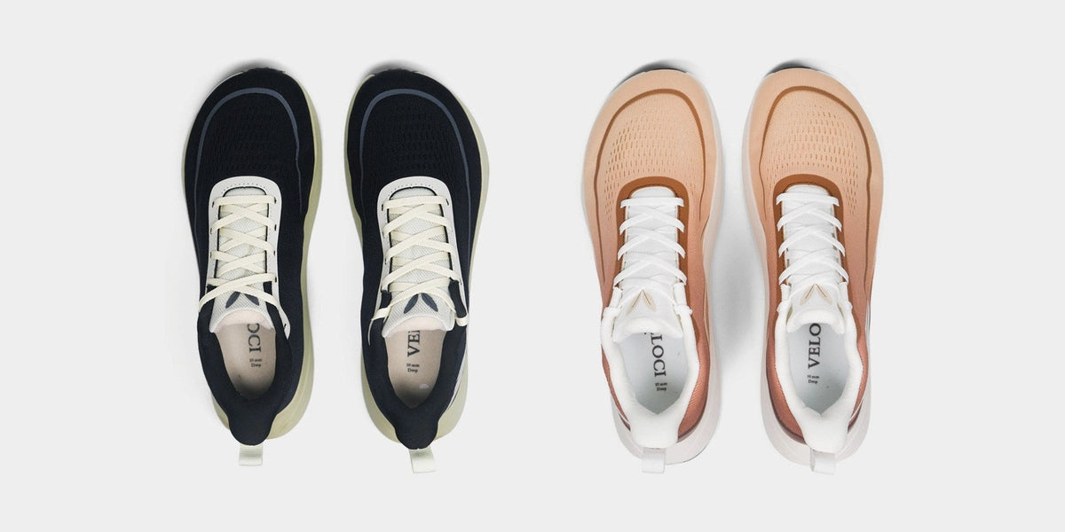 Veloci Ascent in black and Veloci Mesa in mocha side by side from above, showing the same naturally shaped toe box on both shoes